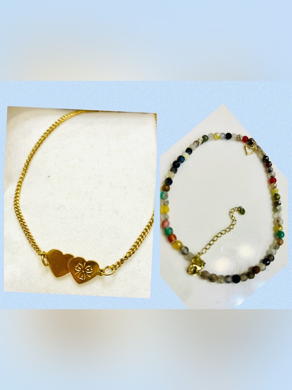 Goldtone Double Heart & Multi Colored Beaded Women's Ankle Bracelet